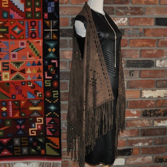 Brown Boho Faux Suede Laser Cut Hippie Fringe Vest Waistcoat Festival Unisex O/S - Picture 7 of 9